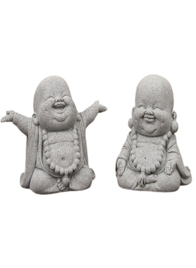 Ftplayuiq 2Pack Buddha Sandstone Statues Zen Monk Buddha Statue Zen Garden Decor Zen Monk Praying Statue Sculptures Ornament for Wealth Good Luck Feng Shui Decor(Laughing Buddha) - Image 1